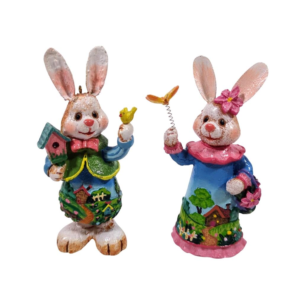 Easter Bunny Rabbit Resin Figure Set Boy Girl Rabbit Bird Butterfly 4" Used Good